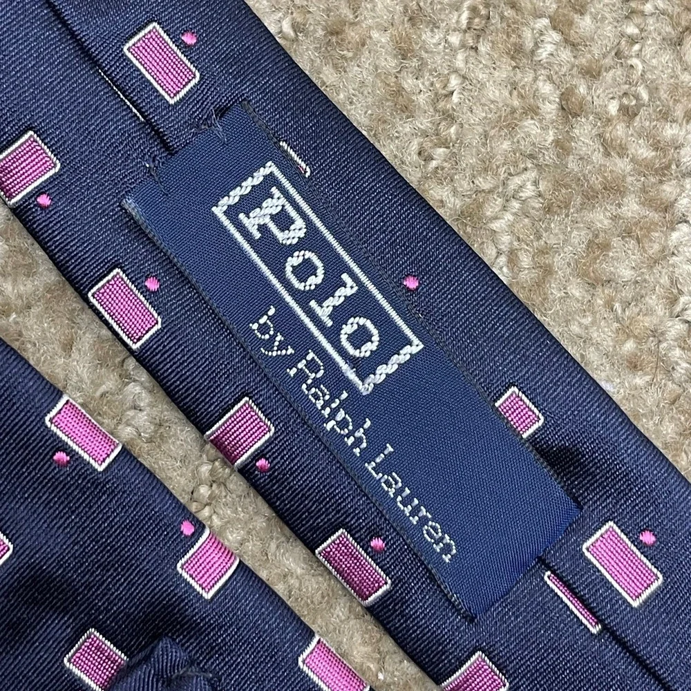 Polo by Ralph Lauren Vintage Blue Pink Geometric Silk Tie Handmade 3.75